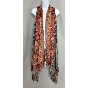 Raj Floral Embroidered Cardigan Womens One‎ Size Red Boho Fringe Sleeveless Long